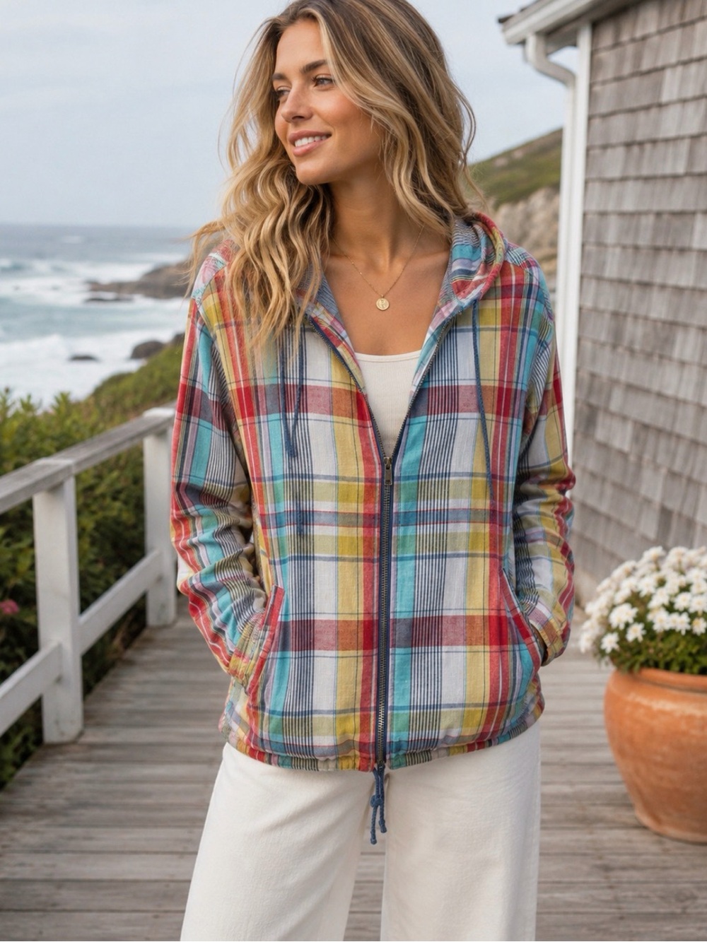 Limited America Madras Plaid Hooded Boyfriend Jacket S Cotton Coastal Preppy Y2K